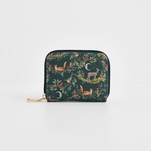 Close-up of Into the Woods Green Small Purse with woodland animals and moon design.