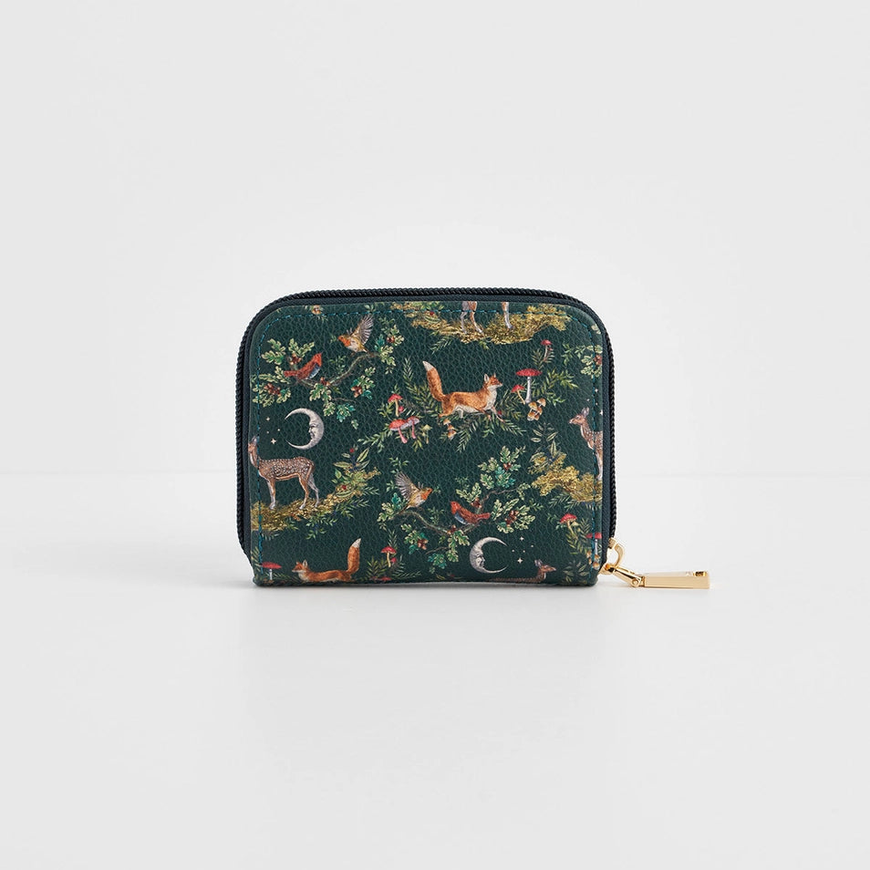 Front view of Into the Woods Green Small Purse featuring fox and deer illustration.