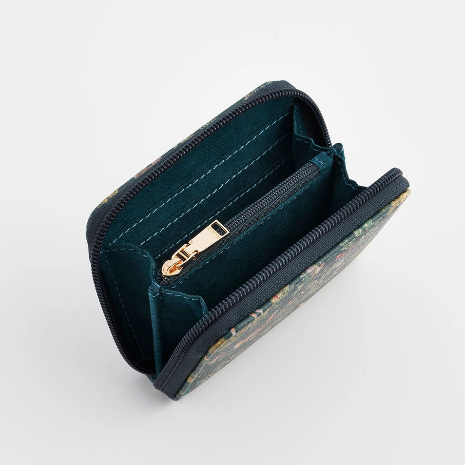 Interior view of Into the Woods Green Small Purse showing card slots and coin pocket.