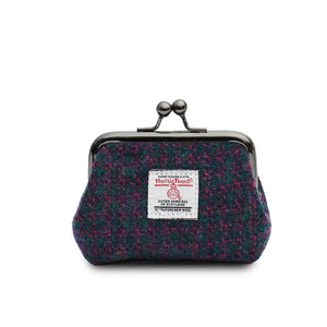 Ladies Harris Tweed Coin Purse finished with a vibrant pink and green dogtooth design.