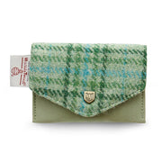 Mint green Harris Tweed® tartan card holder with light leather body and gold snap fastening by Islander.