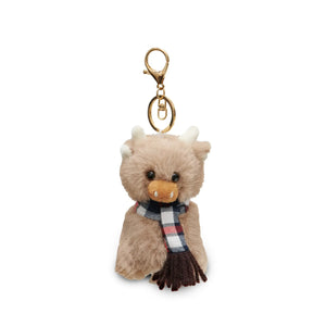 Keyring in the shape of a soft highland cow wearing a tartan scarf.