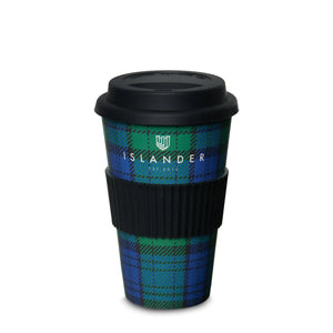 Black Watch tartan bamboo travel mug with secure lid. Sustainable and reusable cup for hot or cold drinks.