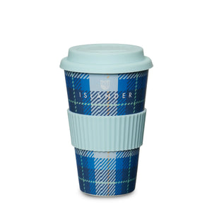 Blue tartan bamboo travel mug with secure lid. Eco-friendly and reusable cup for hot or cold beverages.