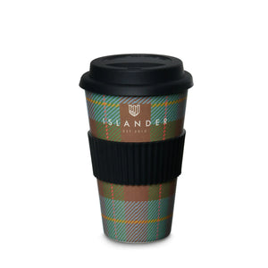 Chestnut and blue tartan bamboo travel mug with secure lid. Sustainable and stylish cup for hot or cold drinks.