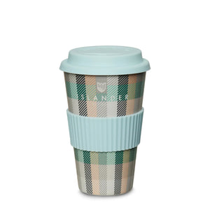 Cream and blue Islander tartan bamboo travel mug with secure lid. Sustainable and reusable cup featuring the iconic Scottish pattern, perfect for hot or cold drinks.