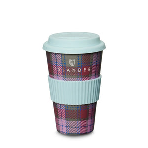 Pink and blue bamboo travel mug with secure lid. This eco-friendly and reusable cup features a charming pink and blue pattern, perfect for adding a touch of whimsy to your on-the-go beverages.