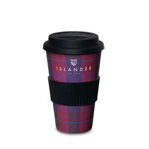 Red tartan bamboo travel mug with secure lid. This eco-friendly and reusable cup keeps your drinks hot or cold, all while showcasing a classic and festive tartan pattern.