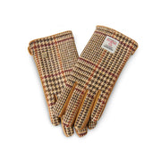 Ladies Harris Tweed® gloves in beige dogtooth check with tan leather trim, displayed together on a white background.