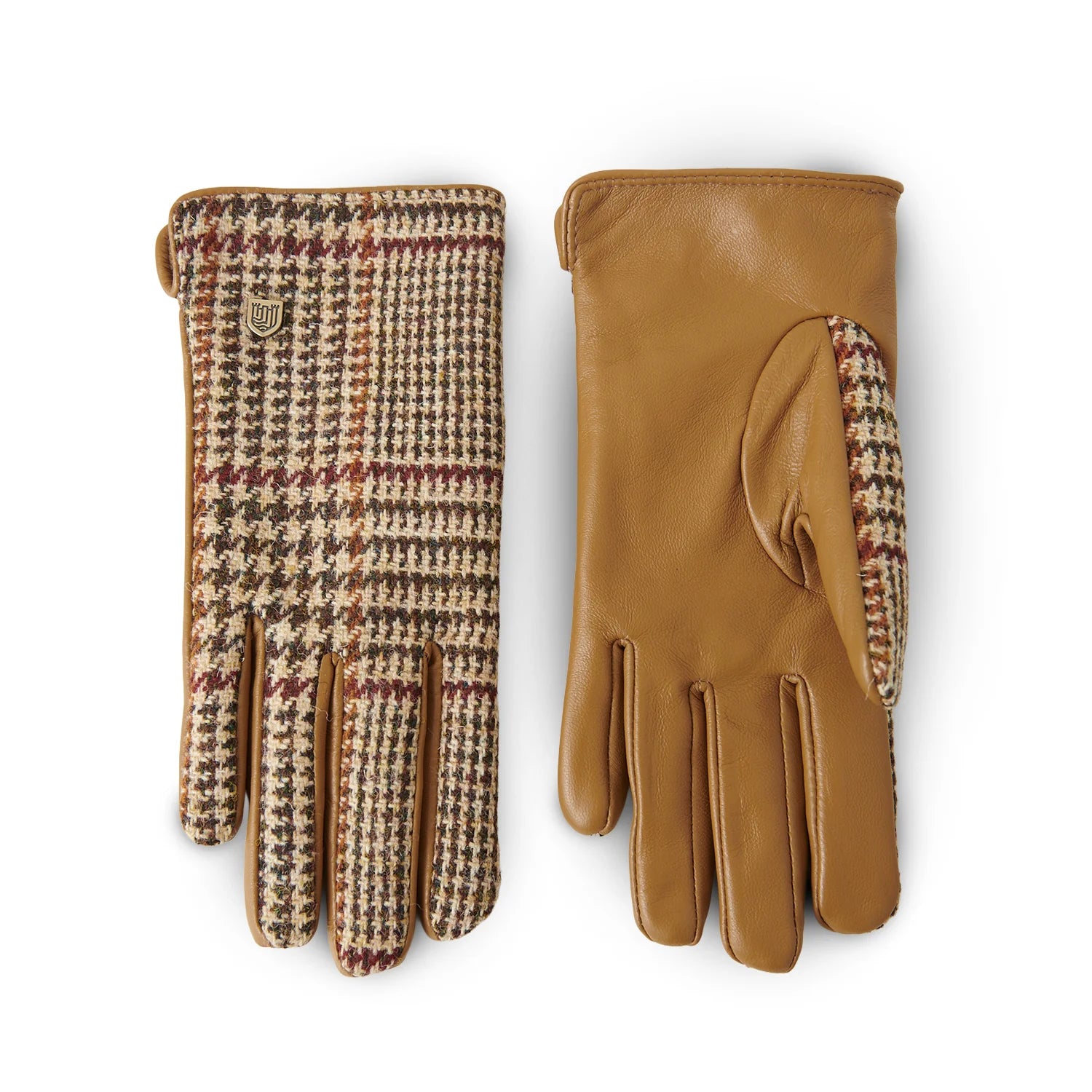 Beige dogtooth Harris Tweed® ladies gloves with soft tan leather palm and woven tweed upper, shown flat on white background.