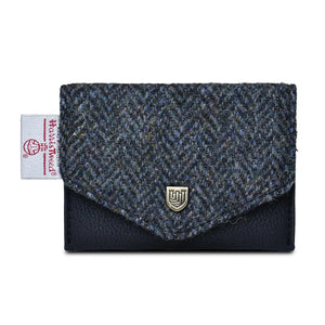 Black and grey herringbone Harris Tweed® card holder with leather body and press-stud closure by Islander.