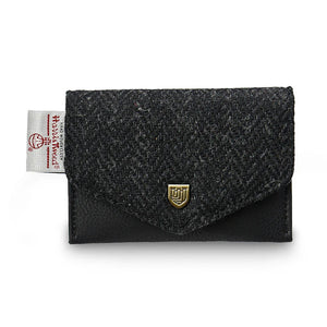 Black herringbone Harris Tweed® card holder with leather body and gold press-stud by Islander.