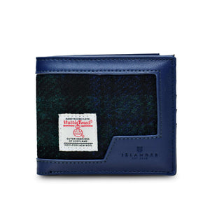 Men's Harris Tweed wallet with a black watch tartan pattern and finished with navy blue PU leather.