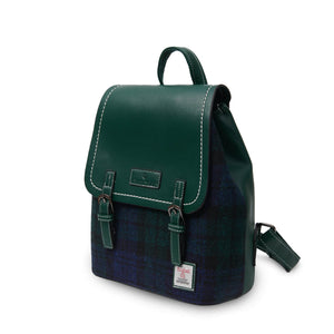 Side view of the Islander Black Watch Tartan Jura Backpack with Harris Tweed finish. This shows the depth of the bag and the shoulder straps.