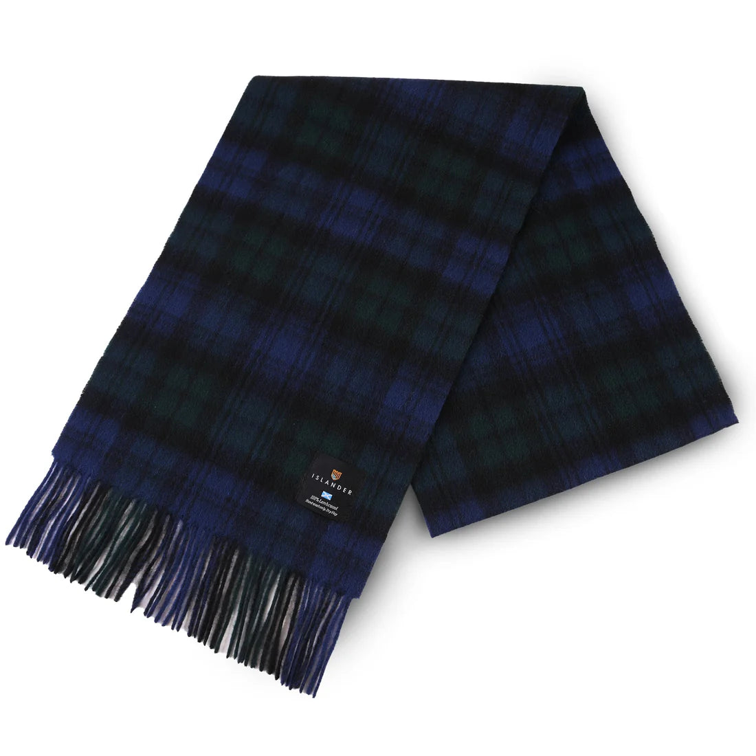 Black Watch Tartan Lambswool Scarf folded with fringed edge.