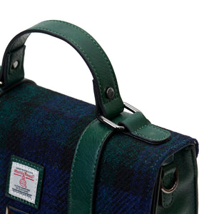Close up of the Black Watch Tartan Satchel with a close up of the top handle. 
