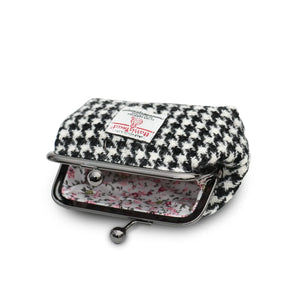The Islander Black and White Dogtooth Harris Tweed Coin Purse open showing the internal lining.