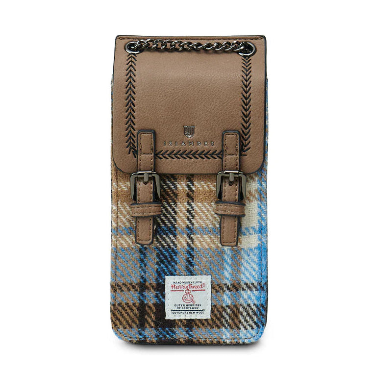 Blue & Beige Tartan Harris Tweed Phone Tote Bag front view with leather flap and chain strap.