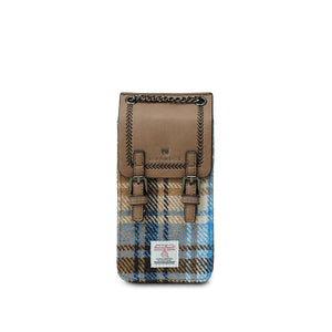 Blue & Beige Tartan Harris Tweed Phone Tote Bag front view with leather flap and chain strap.