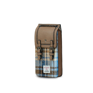 Side angle of Blue & Beige Tartan Harris Tweed Phone Tote showcasing design and structure.
