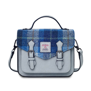 Ladies Harris Tweed Satchel with light blue PU leather body and a Harris Tweed Blue Tartan fabric top. This image has the shoulder strap attached.
