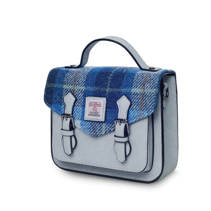 Side view of the Islander Blue Tartan Calton Satchel finished with Harris Tweed. This image shows the depth of the bag.