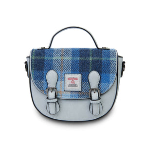 The Islander Blue Tartan Cobble Satchel with Harris Tweed shown here without the shoulder strap.