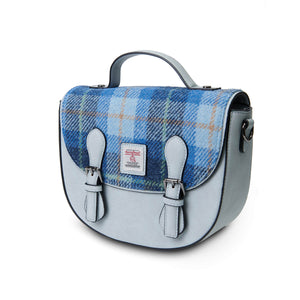 Side view of the Islander Blue Tartan Cobble Satchel with Harris Tweed. This image shows the depth of the bag.