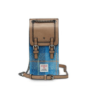 Front view of Blue Tartan Harris Tweed® Phone Tote Bag – Showcasing the buckled flap, blue tartan fabric, and Harris Tweed® label.