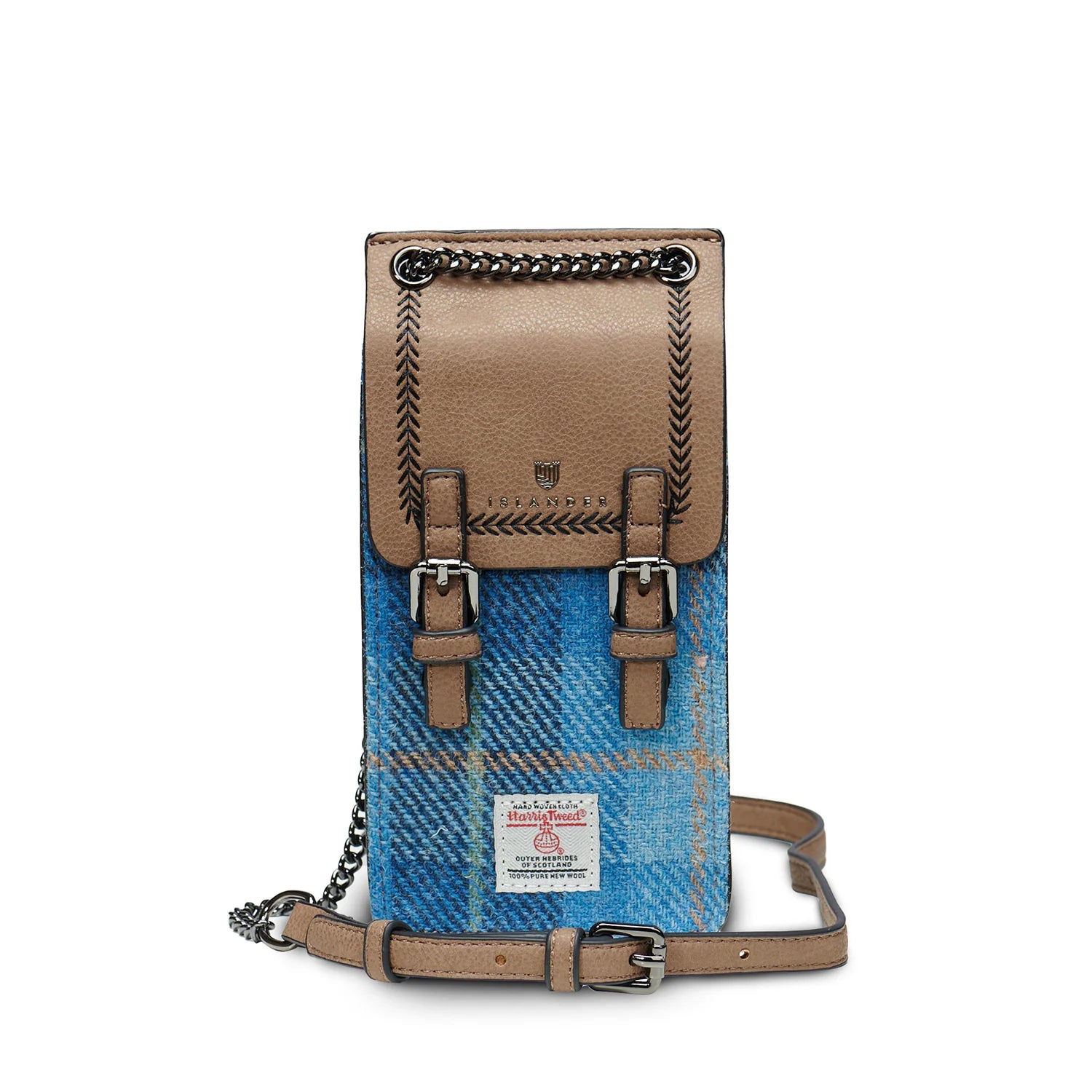 Front view of Blue Tartan Harris Tweed® Phone Tote Bag – Showcasing the buckled flap, blue tartan fabric, and Harris Tweed® label.