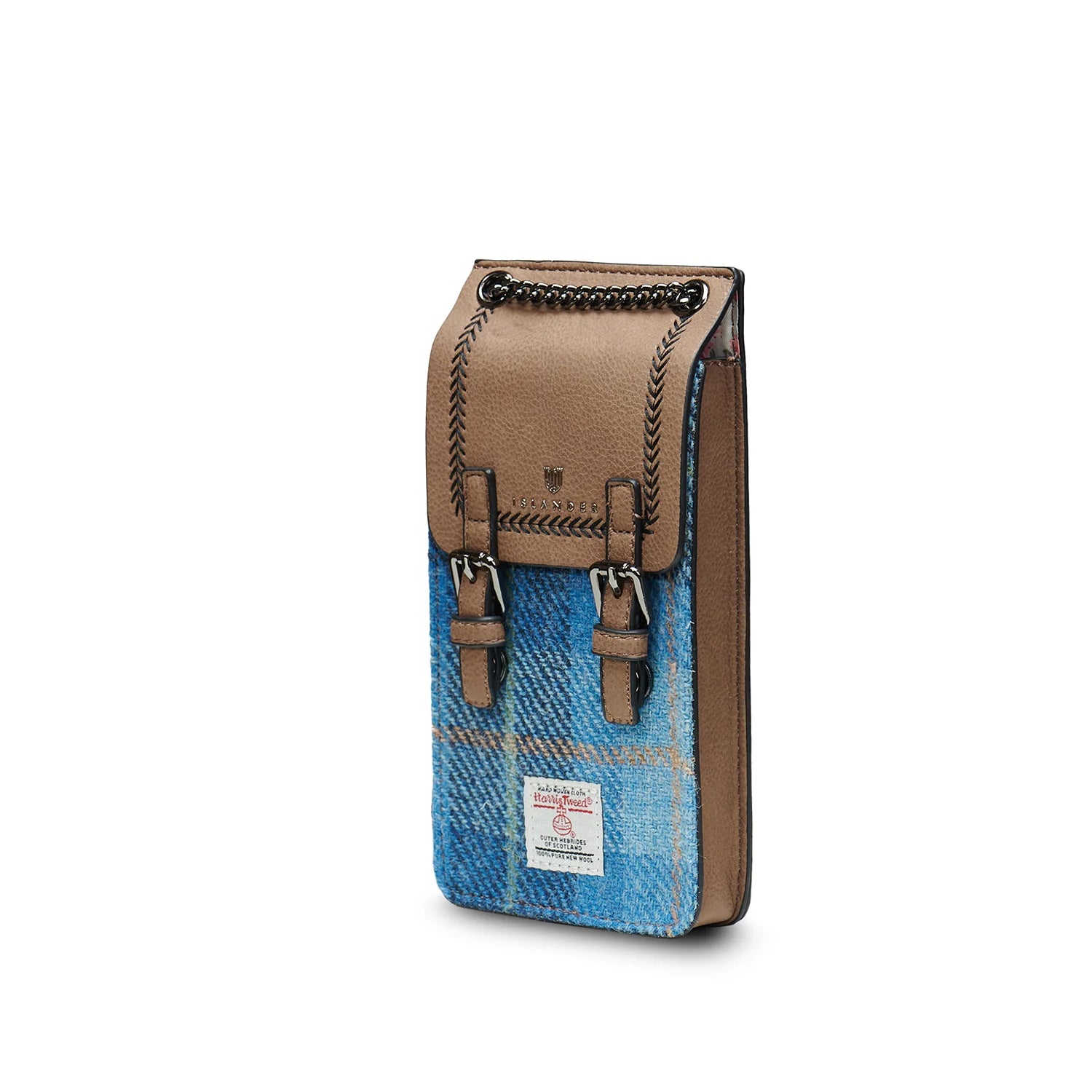 Side angled view of Phone Tote Bag in blue tartan and tan leather – Highlighting texture, detail stitching, and overall structure.