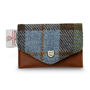 Chestnut and blue Harris Tweed® card holder with brown leather and brass press-stud by Islander.