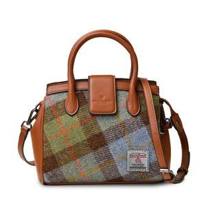 Ladies Chestnut & Blue Tartan Harris Tweed Tote Bag with the removable, adjustable shoulder strap draped across the top.