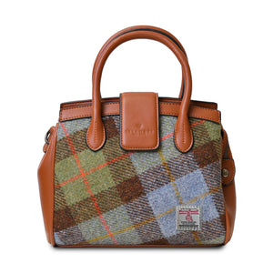 Chestnut & Blue Tartan Harris Tweed Tiree Tote Bag with the shoulder strap removed so it can be used as a handbag.