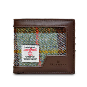 Men's Harris Tweed Wallet with a brown PU leather body and a brown, green and blue tartan pattern.