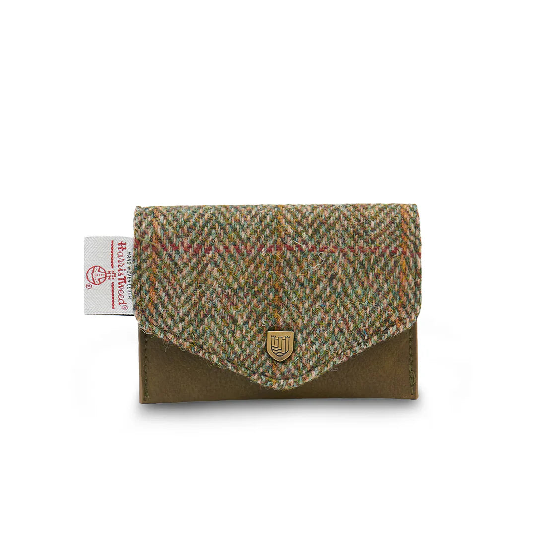 Front view of Islander Chestnut Herringbone Harris Tweed Card Holder with green leather base, classic tweed flap, metal crest, and official Harris Tweed tag.