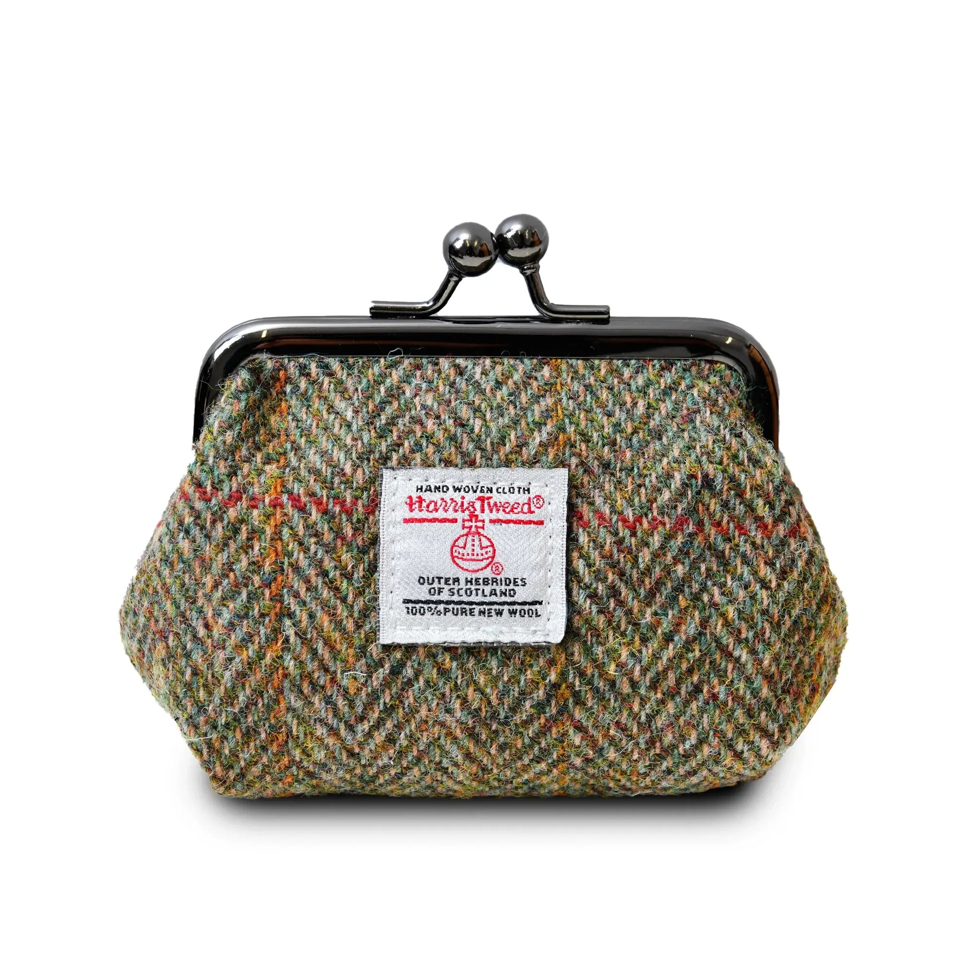 Ladies Harris Tweed Coin Purse finished with a green and brown chestnut herringbone pattern.