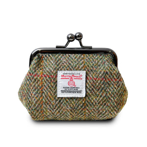 Ladies Harris Tweed Coin Purse finished with a green and brown chestnut herringbone pattern.
