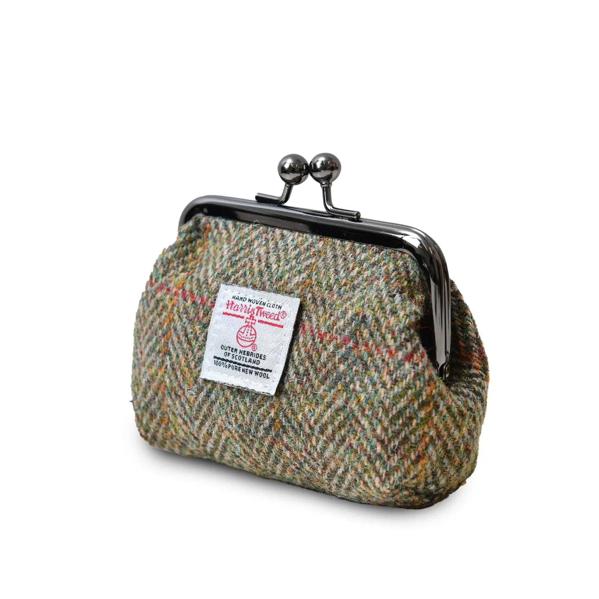 Side image of the Chestnut Herringbone Harris Tweed Coin Purse showing the depth of the purse and the clasp closer.