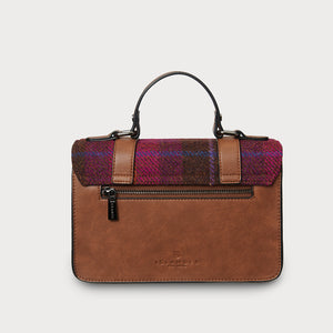 Back view of Fuchsia Red Tartan Medium Satchel with tan microfibre leather and rear zip pocket.