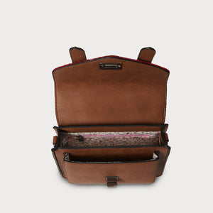 Interior view of Fuschia Tartan Mini Satchel showing floral lining and compartments.