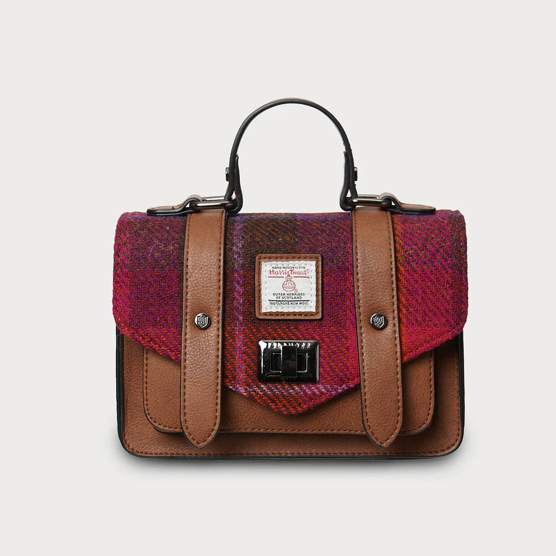 Front view of Fuschia Tartan Mini Satchel with Harris Tweed® and brown microfibre leather trim.