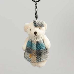 A cream and blue Harris Tweed Islander Bear Keyring, a unique and stylish design featuring the iconic Islander tartan."