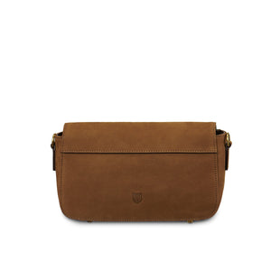 Back view of the Islander Caithness Harris Tweed Clutch Bag in chestnut leather, showcasing clean and minimal design.