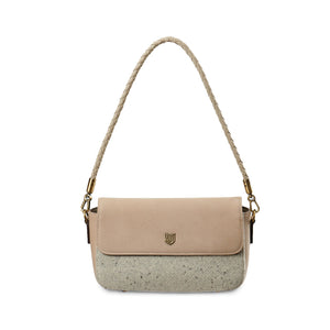 Front view of the Islander Caithness Harris Tweed Clutch Bag in cream, featuring a braided handle and elegant design.