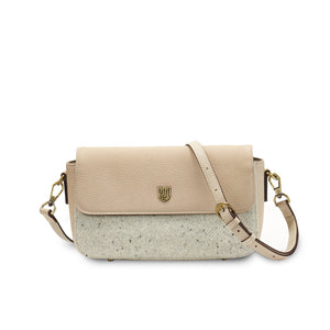 Islander Caithness Harris Tweed Clutch Bag in plain cream leather with an adjustable strap for versatile use.