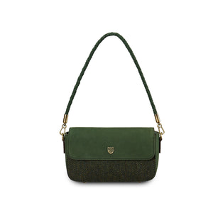 Front view of the Islander Caithness Harris Tweed Clutch Bag in dark green herringbone, featuring a braided handle and gold accents.