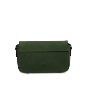 Back view of the Islander Caithness Harris Tweed Clutch Bag in dark green leather, showcasing its minimalist design.