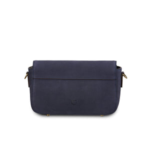 Back view of the Islander Caithness Harris Tweed Clutch Bag in navy leather, highlighting its sleek and classic design.