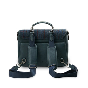 A back view of a navy-over-check Harris Tweed laptop case, showcasing its removable shoulder straps.